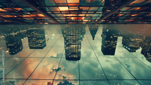 View through a wet window with raindrops over city lights. photo