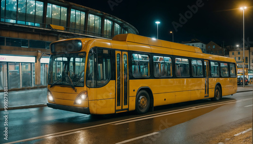 A yellow bus drives along city streets, illuminated by streetlights in the rain, showcasing urban transport in action during nighttime