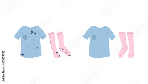 Dirty soiled clothes and clean clothes. T-shirt, socks. Clothes soiled with dirt and washed. Laundry care, washing. Vector illustration isolated on white background.
