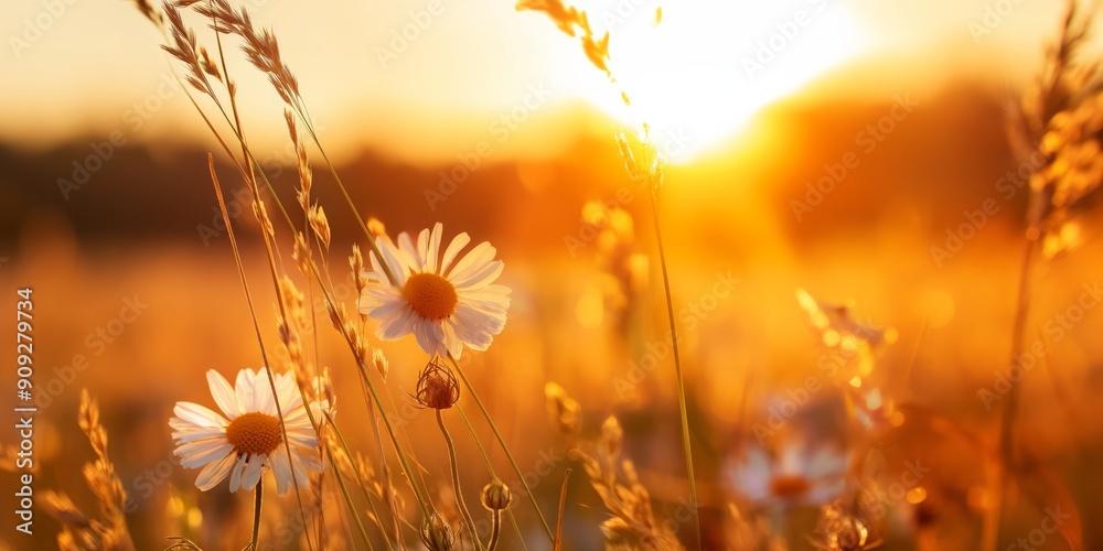 Golden Hour Serenity: Daisies glow in the warm embrace of a setting sun, casting a serene and tranquil mood over a picturesque meadow. Golden Hour Serenity: Daisies glow in the warm embrace of a setting sun, casting a serene and tranquil mood over a picturesque meadow.