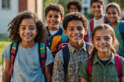 Happy children with colorful backpacks, excited for school. Back-to-School joy!