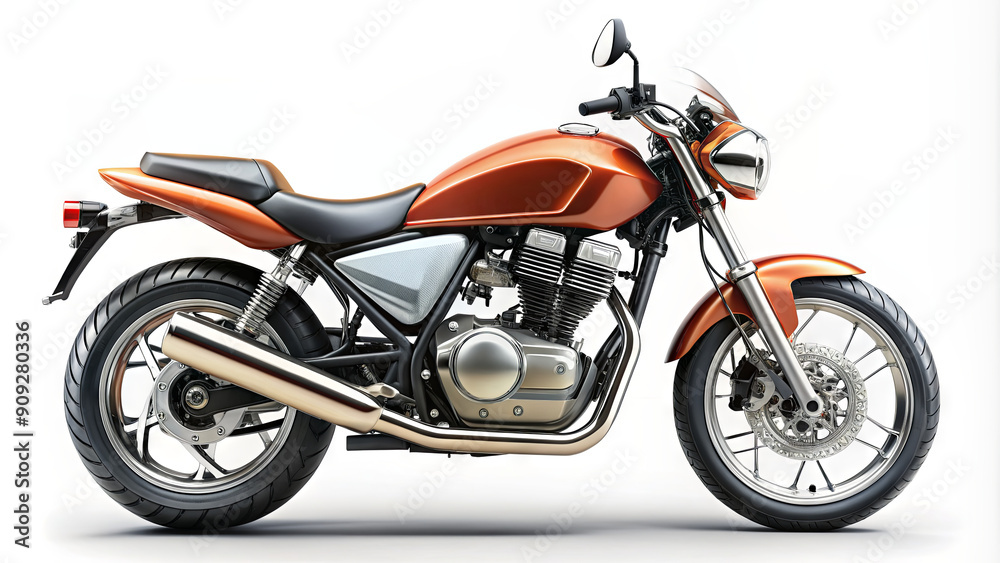 A vibrant orange motorcycle is showcased prominently against a seamless white backdrop, highlighting its sleek design and polished details A vibrant orange motorcycle is showcased prominently against a seamless white backdrop, highlighting its sleek design and polished details
