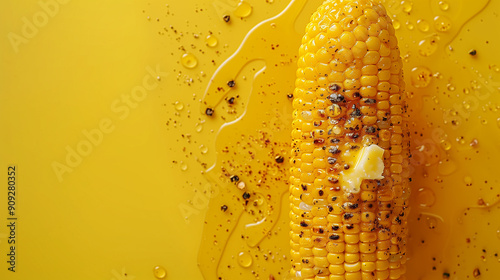 Grilled Corn on Cob With Butter and Spices on Bright Yellow Background at Summer Gathering