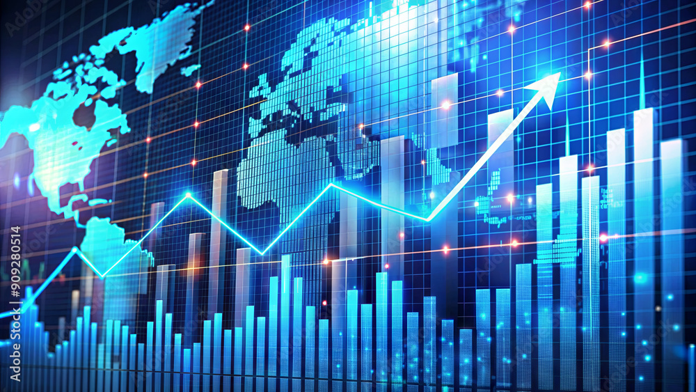 Visual representation of global economic trends with rising bar graphs and a world map highlighting various regions Visual representation of global economic trends with rising bar graphs and a world map highlighting various regions