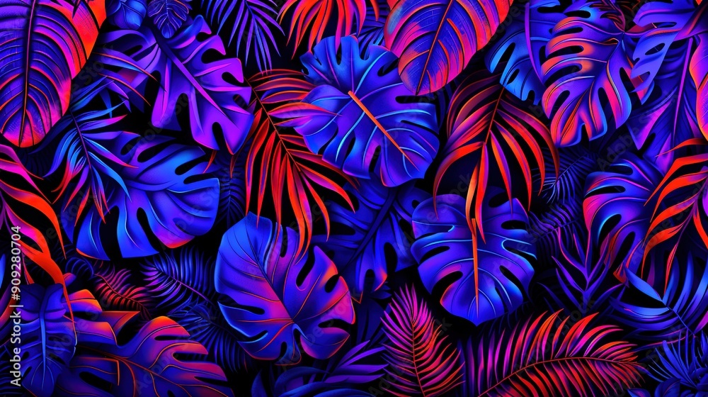 A black backdrop with red and blue light illuminating a collection of vibrant purple and red foliage A black backdrop with red and blue light illuminating a collection of vibrant purple and red foliage