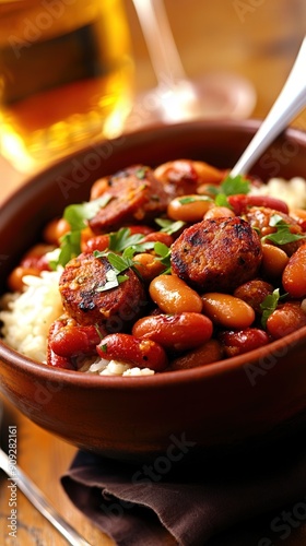 sausage beans and rice in a bowl, comfort food in kitchen