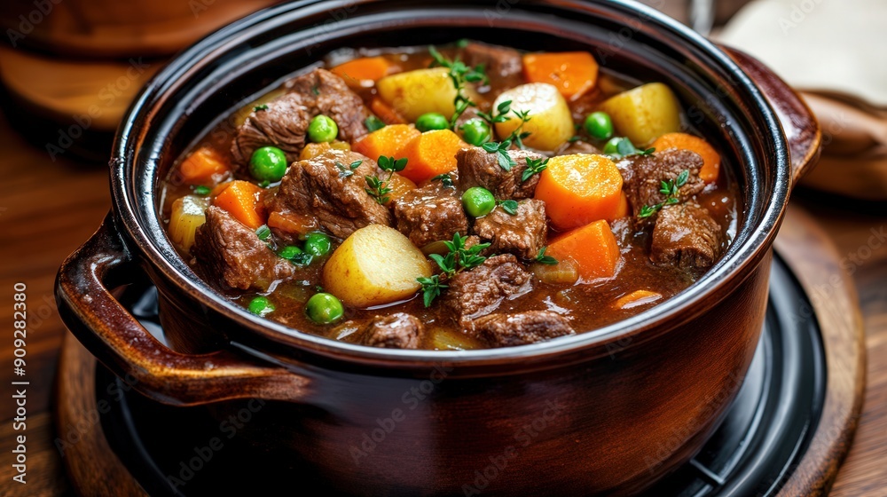 slow cooker beef stew in dutch oven pot, on stove, comfort food slow cooker beef stew in dutch oven pot, on stove, comfort food