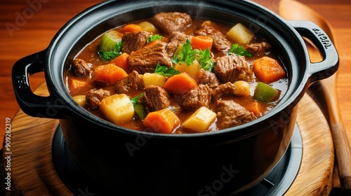 slow cooker beef stew with carrots, potatoes, peas, in dutch oven pot, on stove, comfort food photo