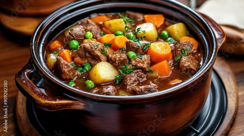 slow cooker beef stew in dutch oven pot, on stove, comfort food photo