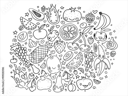 Cute fruit doodle illustration with various fruits like bananas, apples, pineapples, strawberries, and more. Hand-drawn, black and white, kawaii style with happy, smiling faces.