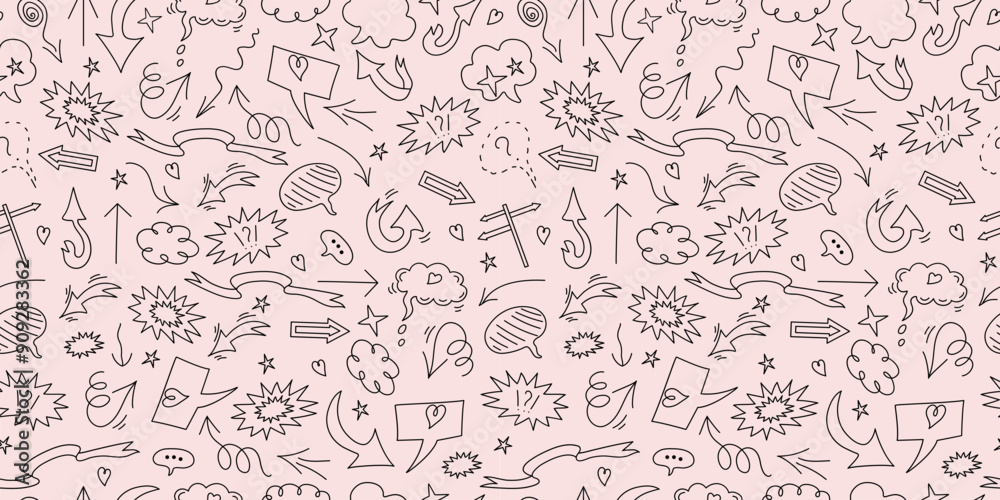 Pattern seamless background. Set of vector doodle elements. Arrows, heart, elements for conceptual design. Speech bubble, cloud for text. Pattern seamless background. Set of vector doodle elements. Arrows, heart, elements for conceptual design. Speech bubble, cloud for text.
