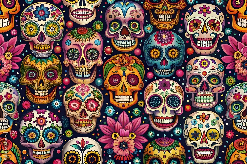 Day of the Dead skulls pattern. Mexican dead Cat. Dia de los muertos print. Day of the dead and Mexican tradition festival. Day of the dead sugar skull isolated. Dia de los Muertos tattoo skulls.
Day of the Dead skulls pattern. Mexican dead Cat. Dia de los muertos print. Day of the dead and Mexican tradition festival. Day of the dead sugar skull isolated. Dia de los Muertos tattoo skulls.