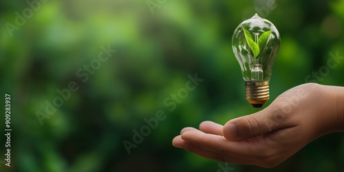 Green Energy Sprout: A hand presents a lightbulb with a vibrant plant sprout, embodying sustainable innovation against a lush green backdrop. 