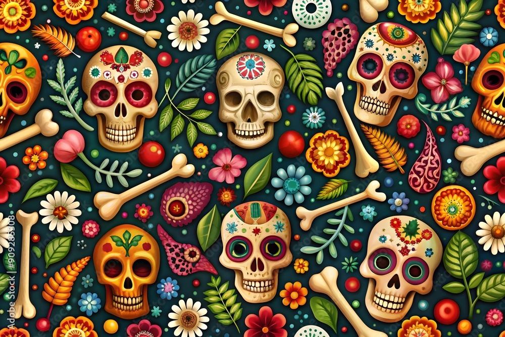 Day of the Dead skulls pattern. Mexican dead Cat. Dia de los muertos print. Day of the dead and Mexican tradition festival. Day of the dead sugar skull isolated. Dia de los Muertos tattoo skulls.
