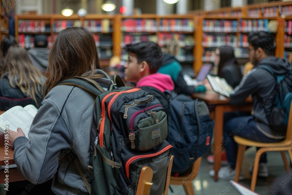 Students Studying in Library with Organizational School Backpacks for Efficient Study Sessions