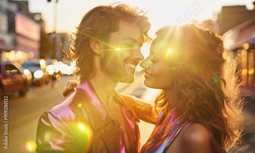 A young passionately in love couple, a man and a woman are hugging on the background of the street, in bright clothes.