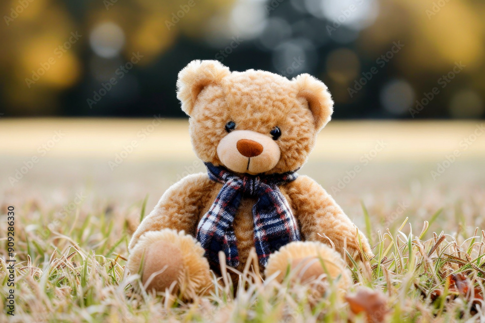 A teddy bear is sitting in the grass with a scarf around its neck A teddy bear is sitting in the grass with a scarf around its neck