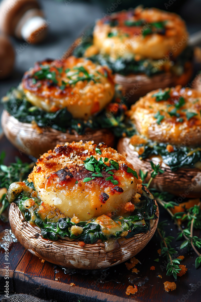 Button mushrooms filled with a mixture of spinach, breadcrumbs, Parmesan cheese, and herbs, then baked until golden and bubbly. Button mushrooms filled with a mixture of spinach, breadcrumbs, Parmesan cheese, and herbs, then baked until golden and bubbly.