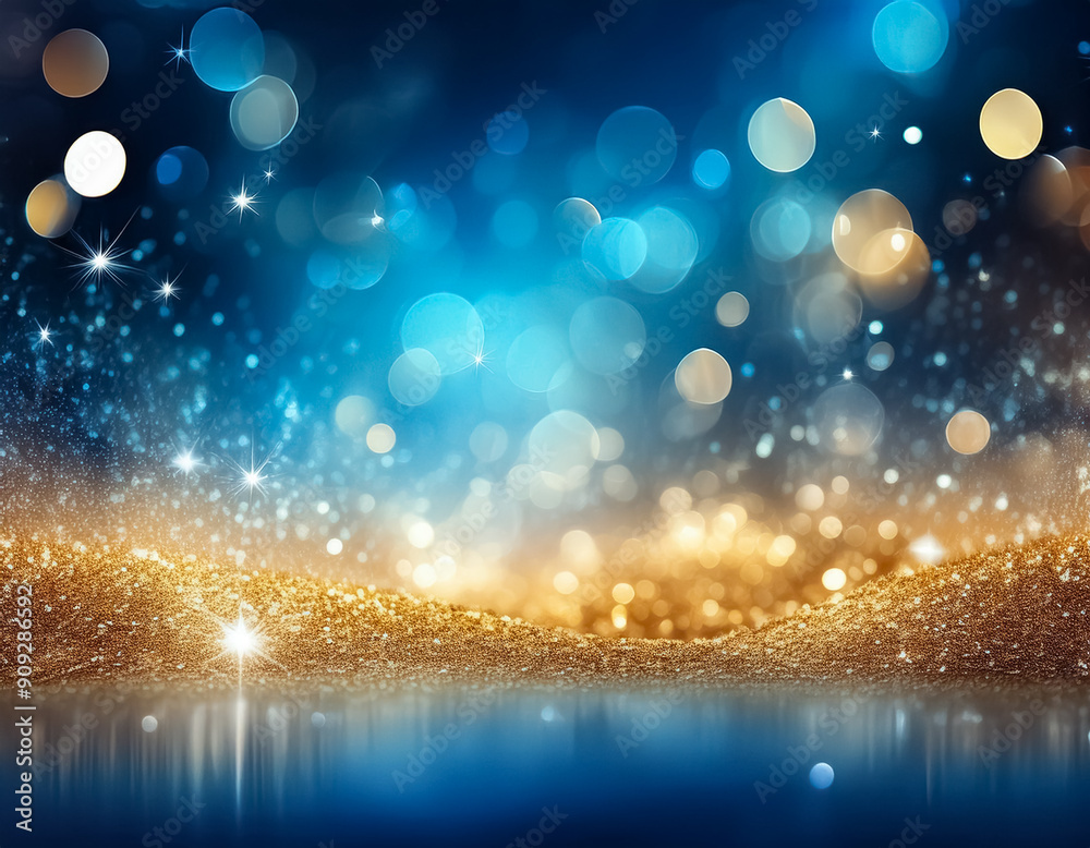 Fototapeta premium Sparkling Christmas Glitter Background with Gold and Blue Bokeh
