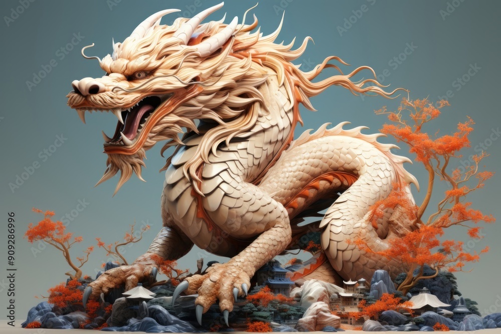 Fototapeta premium White Dragon Rising from Water with Flaming Orange Mane