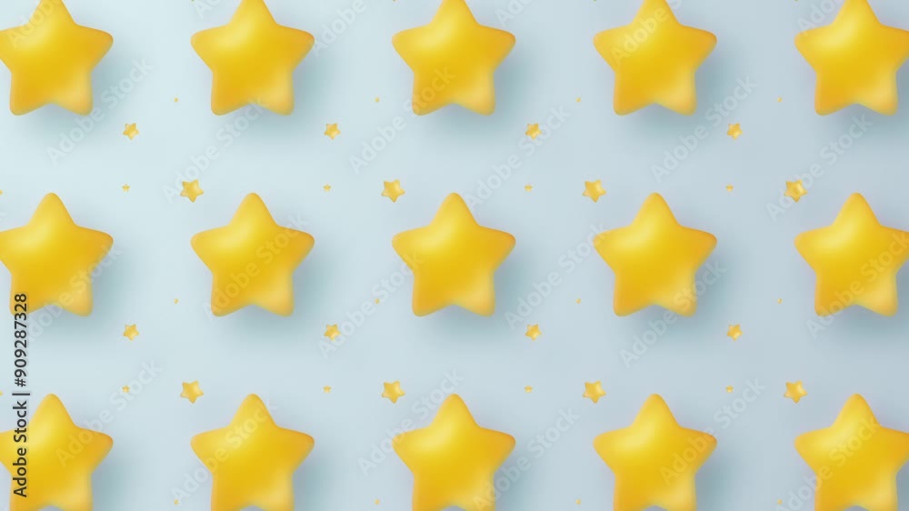 Seamless looping animation of a golden star pattern on pastel blue background. Favorite icons moving diagonally. Seamless looping animation of a golden star pattern on pastel blue background. Favorite icons moving diagonally.