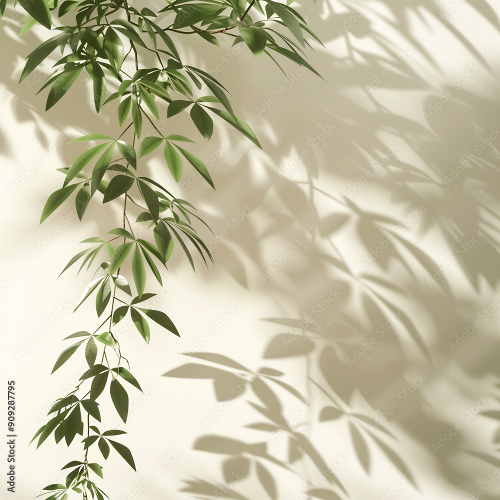Elegant branches and leaves with soft shadows on a light wall. Elegant branches and leaves with soft shadows on a light wall.