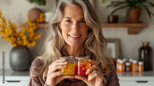 Smiling woman with long, wavy gray hair holds two glass jars filled with yellow pills and gelatin capsules