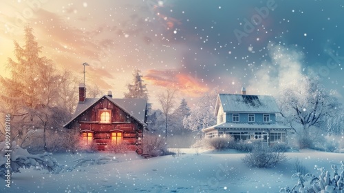 Contrast of Cozy Insulated Home and Chilly Uninviting House in Winter Wonderland photo