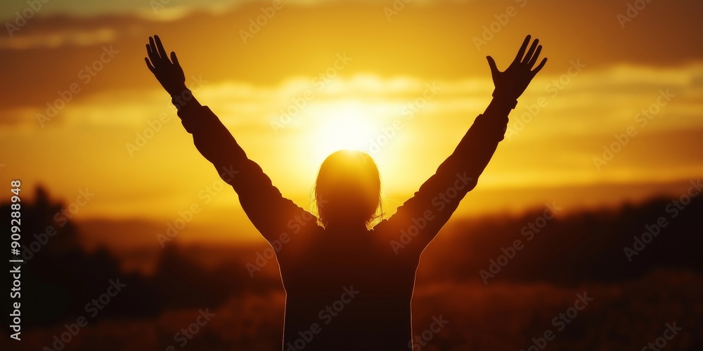 Fototapeta premium Golden Hour Gratitude: Silhouette of a person raising their arms in praise or celebration as the sun sets, bathing the scene in a warm, golden glow.