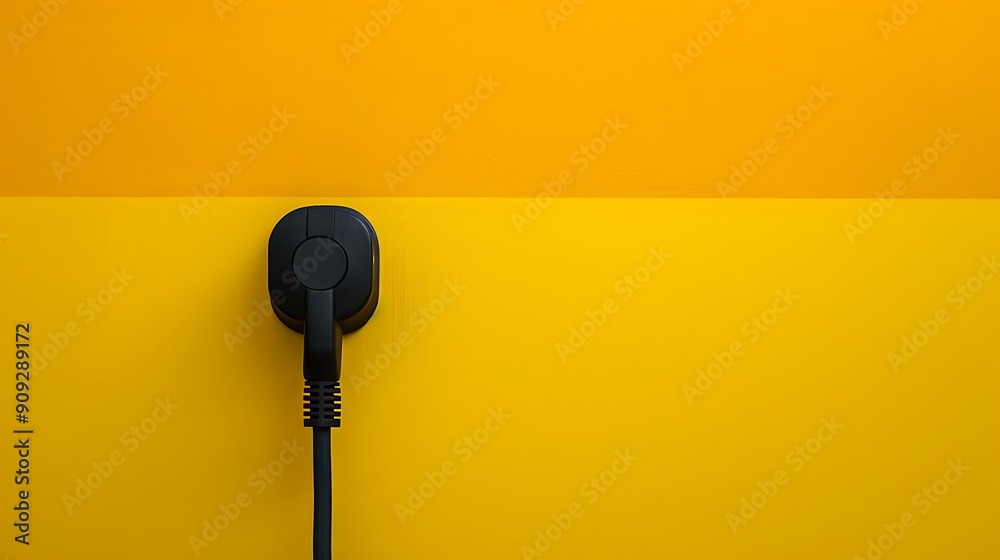 The black plug is plugged into the power lines on yellow and chocolate background The black plug is plugged into the power lines on yellow and chocolate background