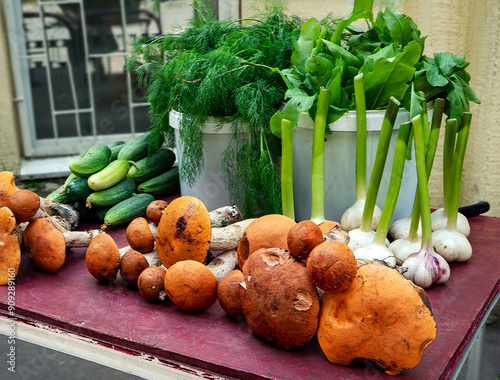 Boletuses, cucumbers, garlic and herbs are laid out on a table for sale at the market. Autumn background with harvest from the garden and forest. photo