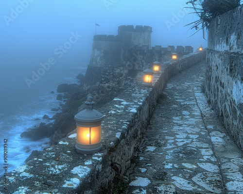 Foggy Coastal Fortress with Illuminated Pathway and Ocean Waves - Atmospheric Evening View of Historic Stone Wall and Lanterns photo