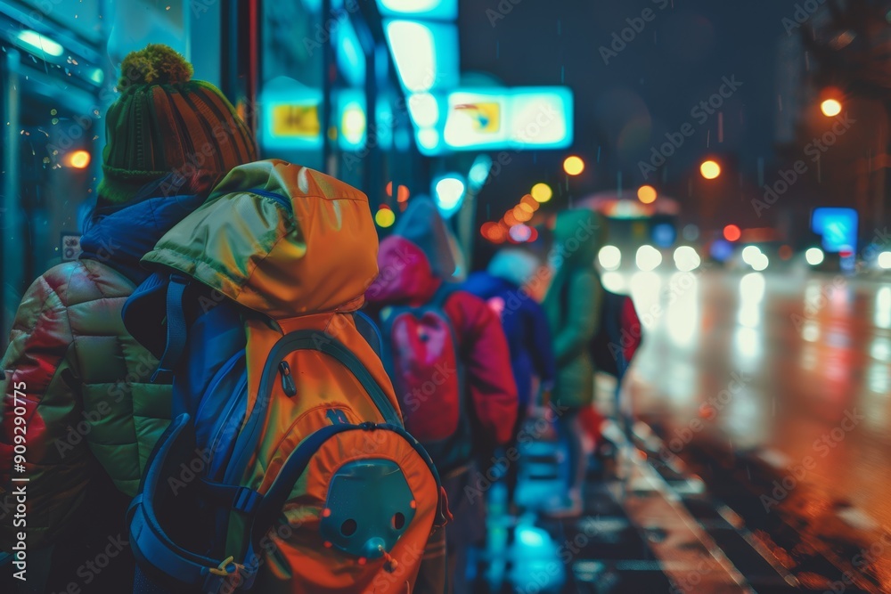 Obraz premium Students with Safety Backpacks Waiting at Bus Stop in Low Light Conditions