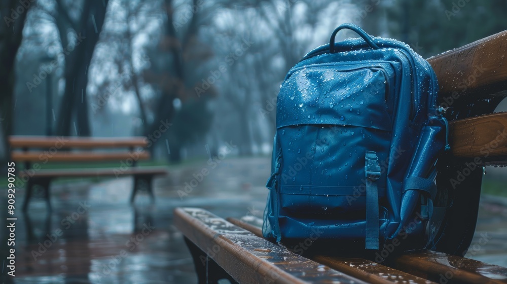 Waterproof School Backpack on Wet Park Bench with Water Droplets and Misty Background Waterproof School Backpack on Wet Park Bench with Water Droplets and Misty Background