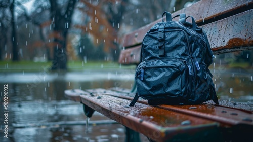 Waterproof School Backpack on Wet Park Bench in Rainy Autumn Weather