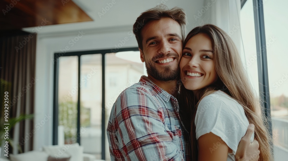 A man and woman are smiling and hugging in a living room A man and woman are smiling and hugging in a living room