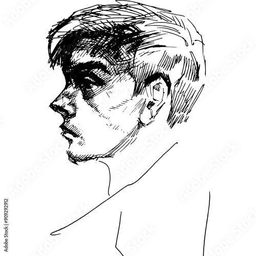 Set Line art young male in Headphones Profile Face Drawing contour graphic Clip art Man head close up illustration outline Sketch People Figure Realistic Cartoon  stylish portrait