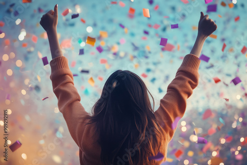 back view of happy brunette woman celebrating winning with confetti