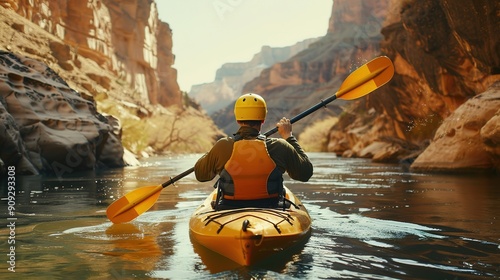 man paddling at a river in Arizona through a canyon. Outdoor kayak adventure concept. Outdoor sport adventure ,