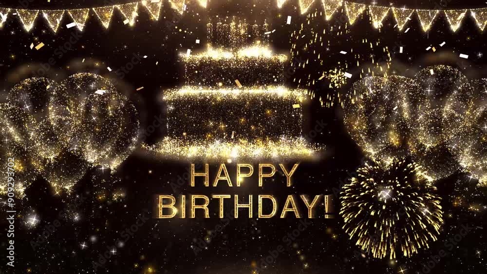 extravagant 4k happy birthday video animation message with balloons cake candles and fireworks in a champagne golden glitter shower theme on a black background