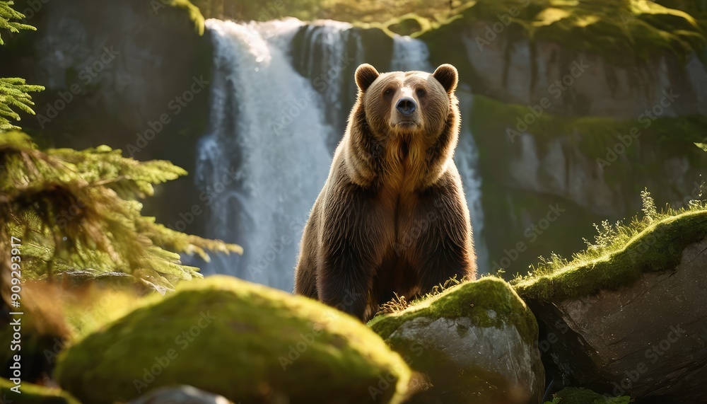 Fototapeta premium A solitary brown bear surveys its verdant kingdom from a rocky perch, framed by the cascading waterfall and dappled light of the serene forest morning