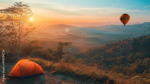 Orange tent in camping area in top of Mea Omgi at Tak, North of Thailand in winter season and balloon, Laandscape view point photo