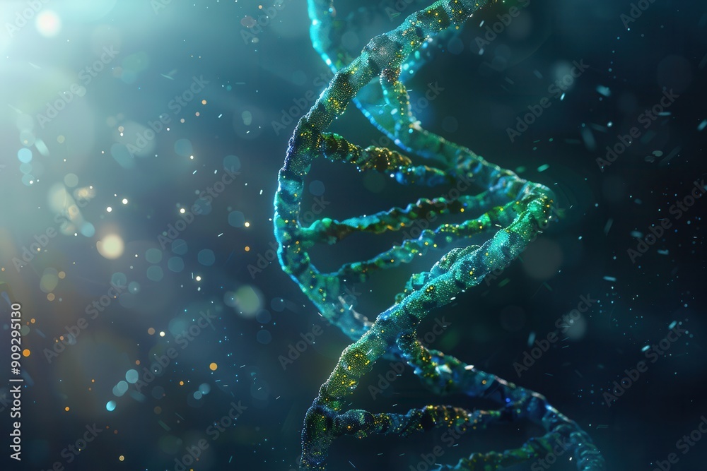 Obraz premium A captivating double helix of DNA is illustrated against an abstract, colorful backdrop, enhanced by dynamic light effects and floating particles. Generative AI