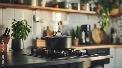 Black Pot on Stove in Modern Kitchen