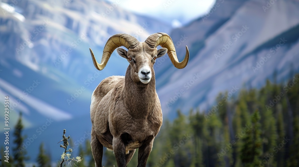 Standing BigHorn Sheep (Ovis canadensis) ram portrait. Canadian Rockies ...