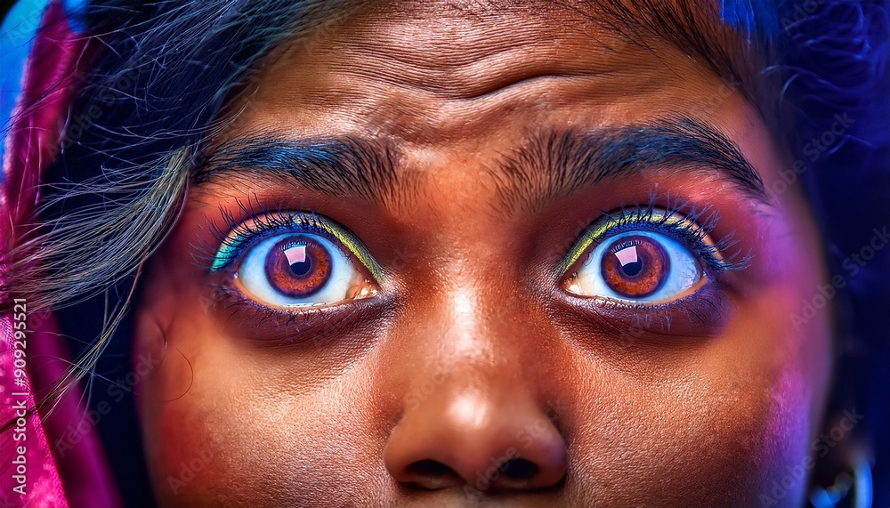 Woman's surprised expression with wide curious eyes.