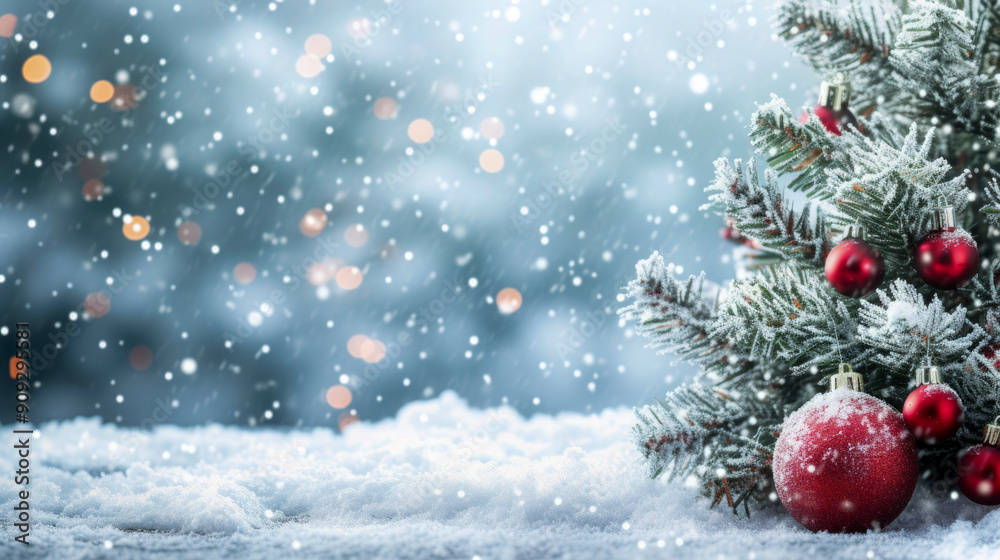 Background with Christmas snowy fir tree and Christmas toys, snow. Winter banner concept with copy space Background with Christmas snowy fir tree and Christmas toys, snow. Winter banner concept with copy space