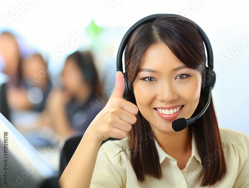 Young asian woman customer service operator showing thumbs up in one hand working with headsets in office