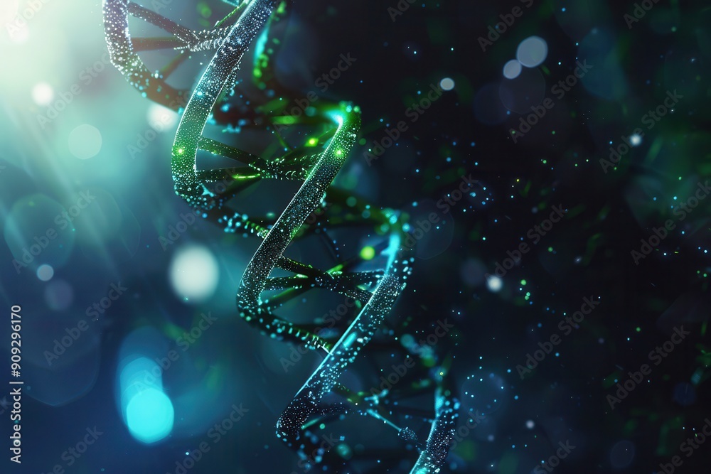 A vibrant representation of a double helix structure of DNA, illuminated by glowing particles against a dark, abstract background. Generative AI A vibrant representation of a double helix structure of DNA, illuminated by glowing particles against a dark, abstract background. Generative AI