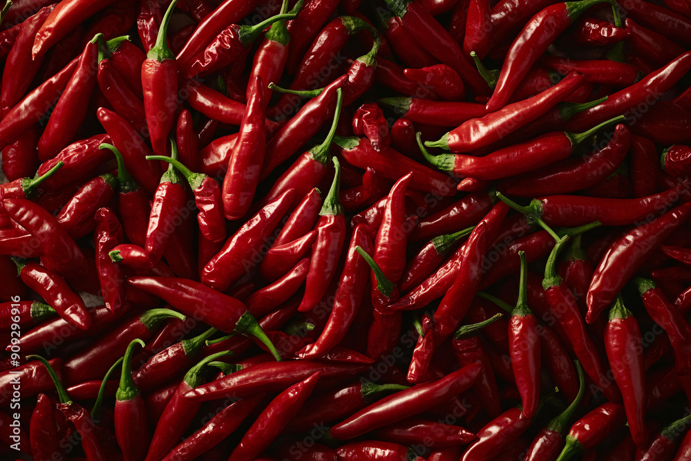 Close-up of a large quantity of fresh red peppers, emphasizing their vibrant color and glossy texture Close-up of a large quantity of fresh red peppers, emphasizing their vibrant color and glossy texture